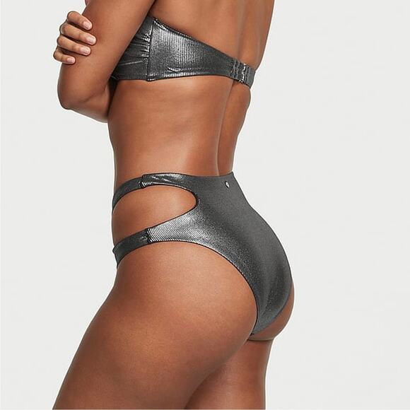 VICTORIA'S SECRET One Shoulder Cut Out High Waist Bikini Set Silver Foil L XL - Picture 4 of 13